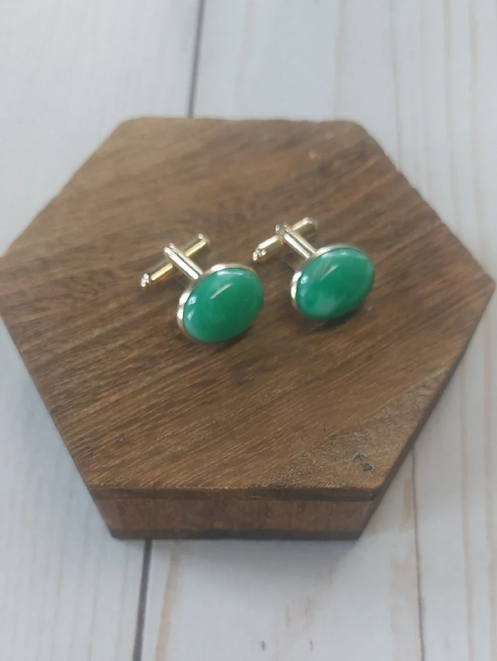 Green Oval Stone Cufflinks - Gold Tone